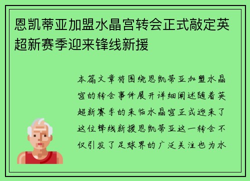 恩凯蒂亚加盟水晶宫转会正式敲定英超新赛季迎来锋线新援